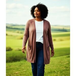 NEW Ava & Viv Cardigan Sweater Womens 2X Brown Long Open Front Duster Pockets